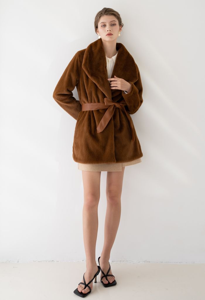Faux Fur PU Leather Belted Coat in Brown