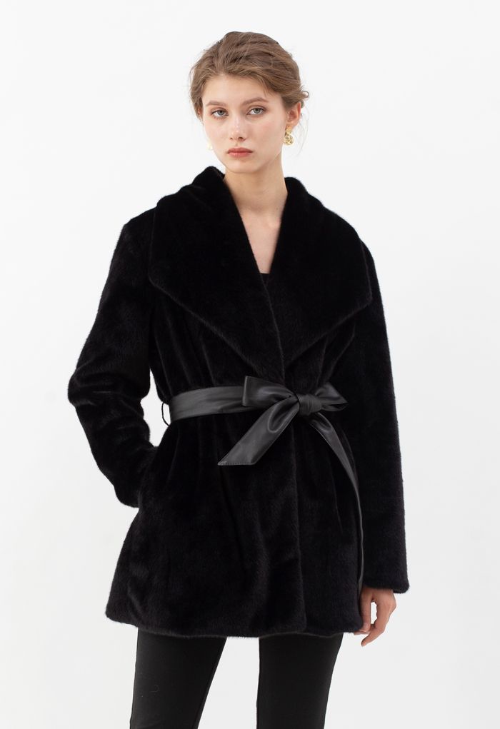 Faux Fur PU Leather Belted Coat in Black - Retro, Indie and Unique Fashion