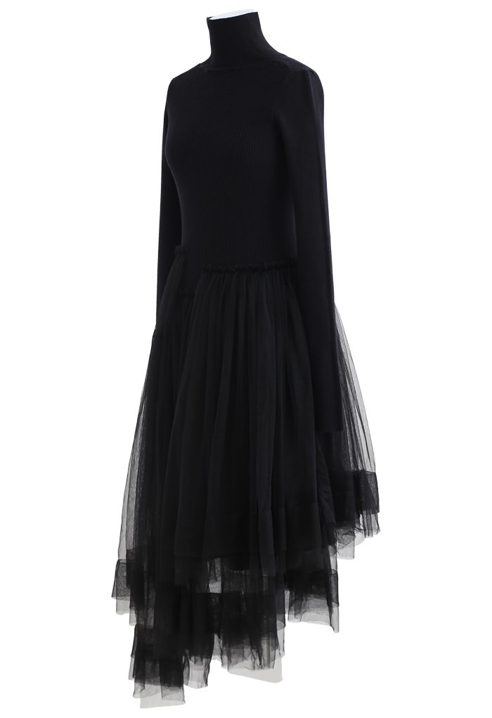 Knitted Splicing Asymmetric Layered Mesh Dress in Black - Retro, Indie ...