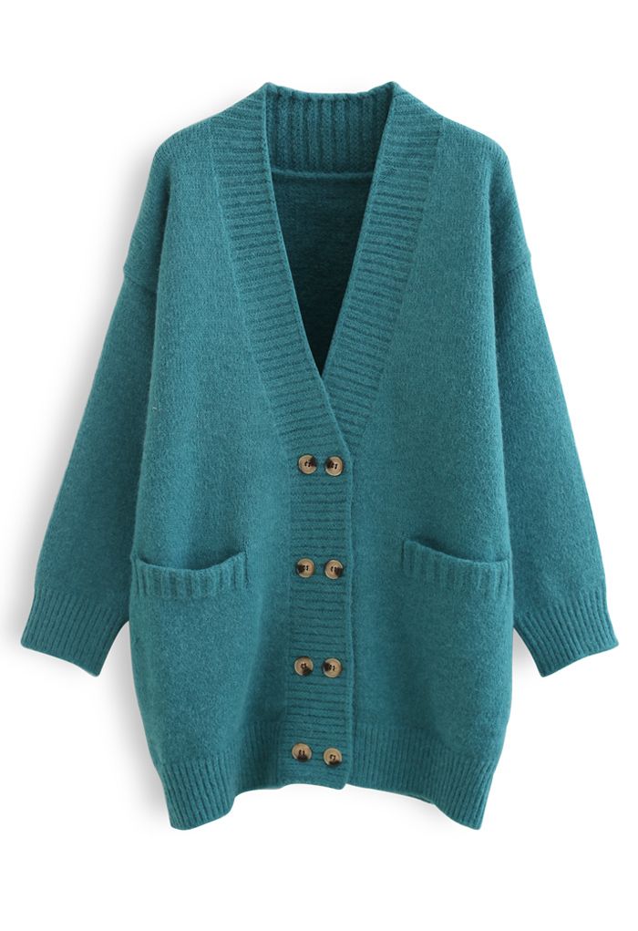 Pockets Double-Breasted Longline Cardigan in Turquoise