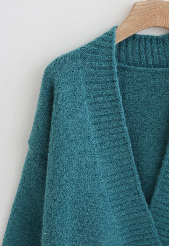 Pockets Double-Breasted Longline Cardigan in Turquoise