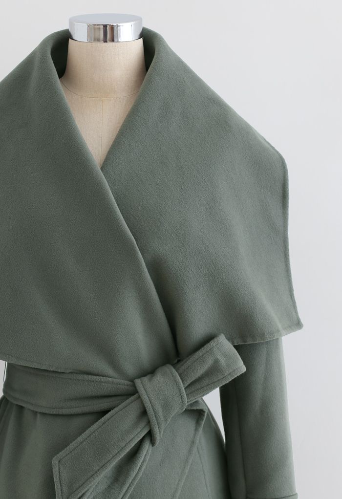 Wide Lapel Tie Belt Wrapped Wool-Blend Coat in Olive