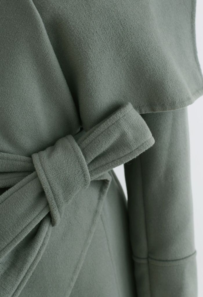 Wide Lapel Tie Belt Wrapped Wool-Blend Coat in Olive