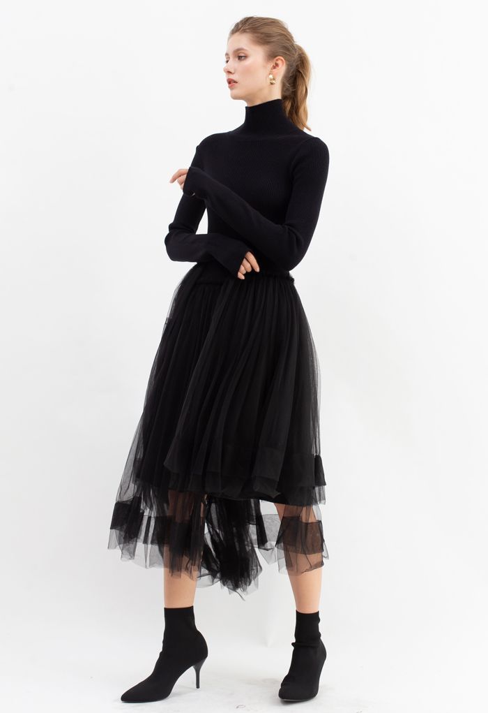 Knitted Splicing Asymmetric Layered Mesh Dress in Black