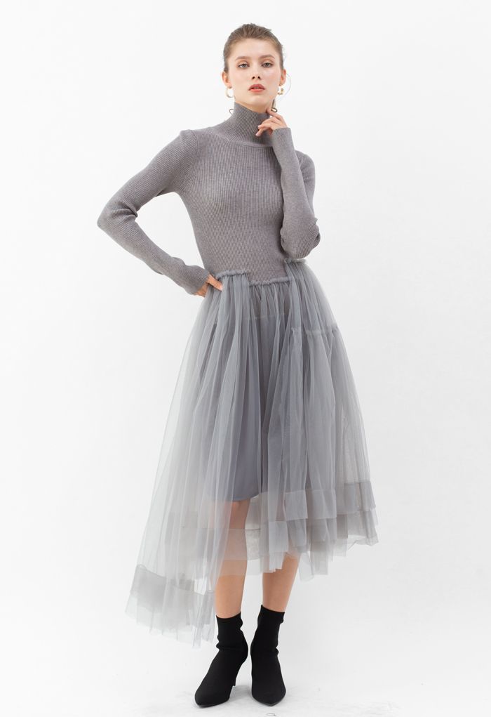 Knitted Splicing Asymmetric Layered Mesh Dress in Grey - Retro