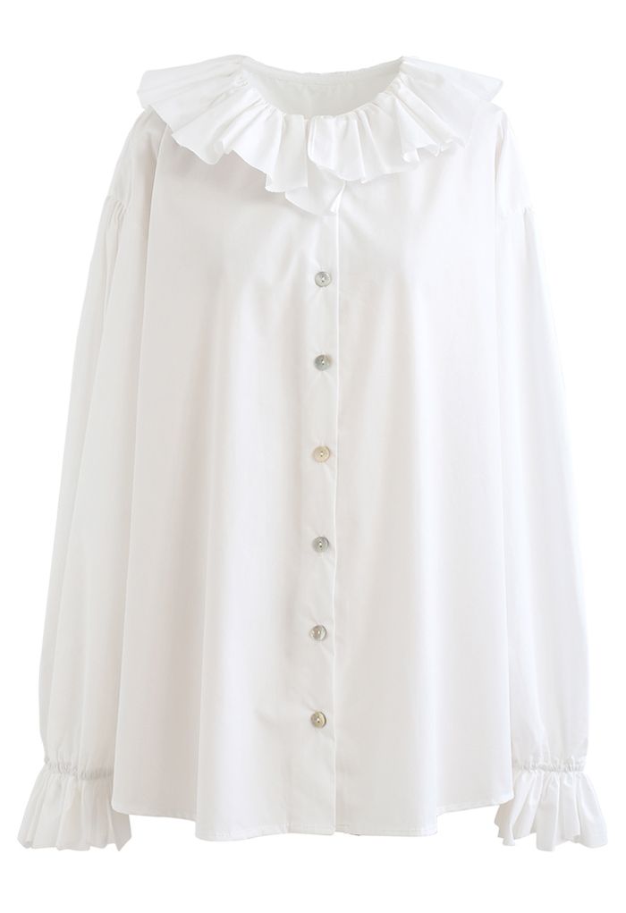 Ruffle Neck Button Down Loose Shirt in White