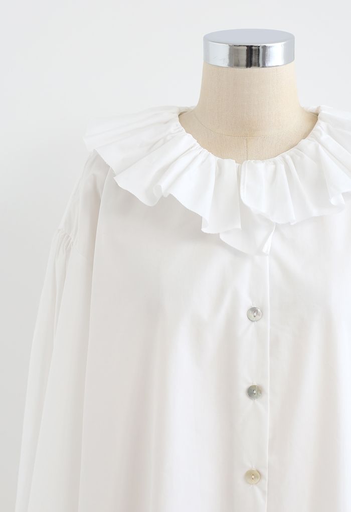 Ruffle Neck Button Down Loose Shirt in White
