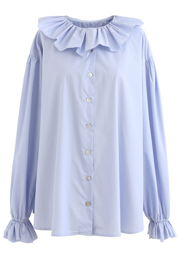 Ruffle Neck Button Down Loose Shirt in Blue - Retro, Indie and