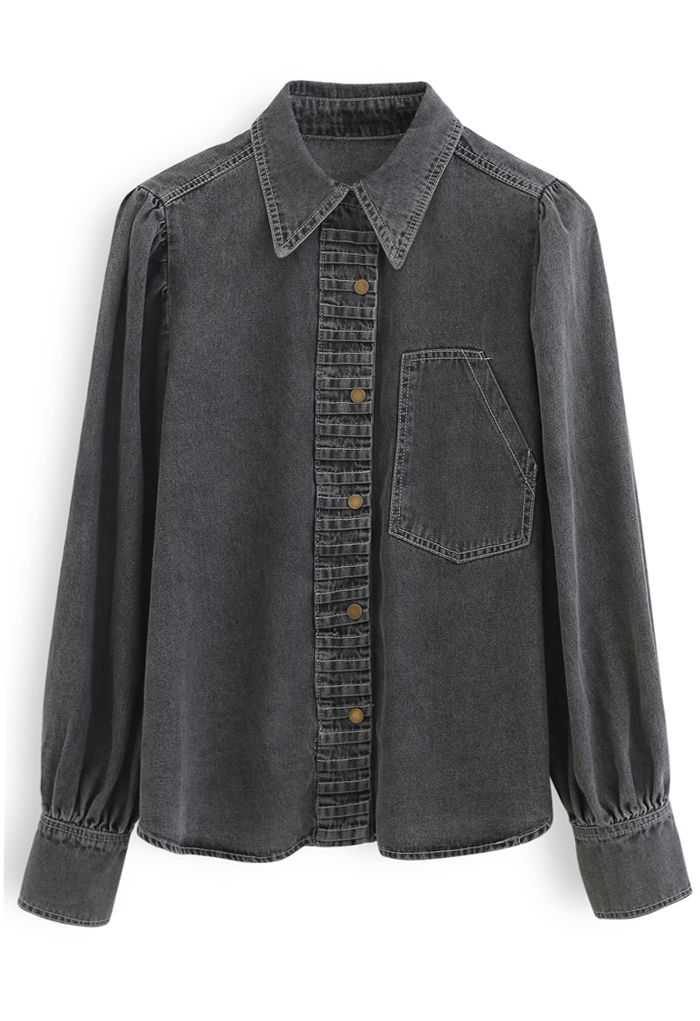 Pleated Front Buttoned Denim Shirt in Smoke