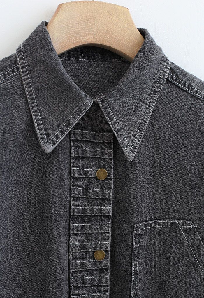 Pleated Front Buttoned Denim Shirt in Smoke - Retro, Indie and Unique ...