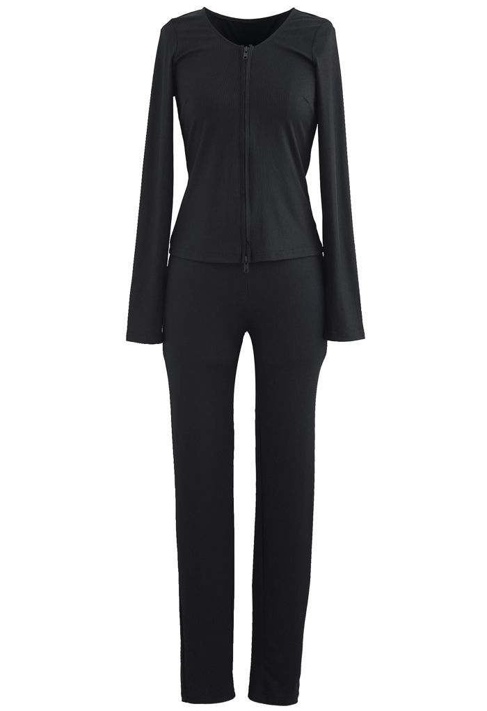 Fitted Zipper Front Top and Skinny Pants Set in Black