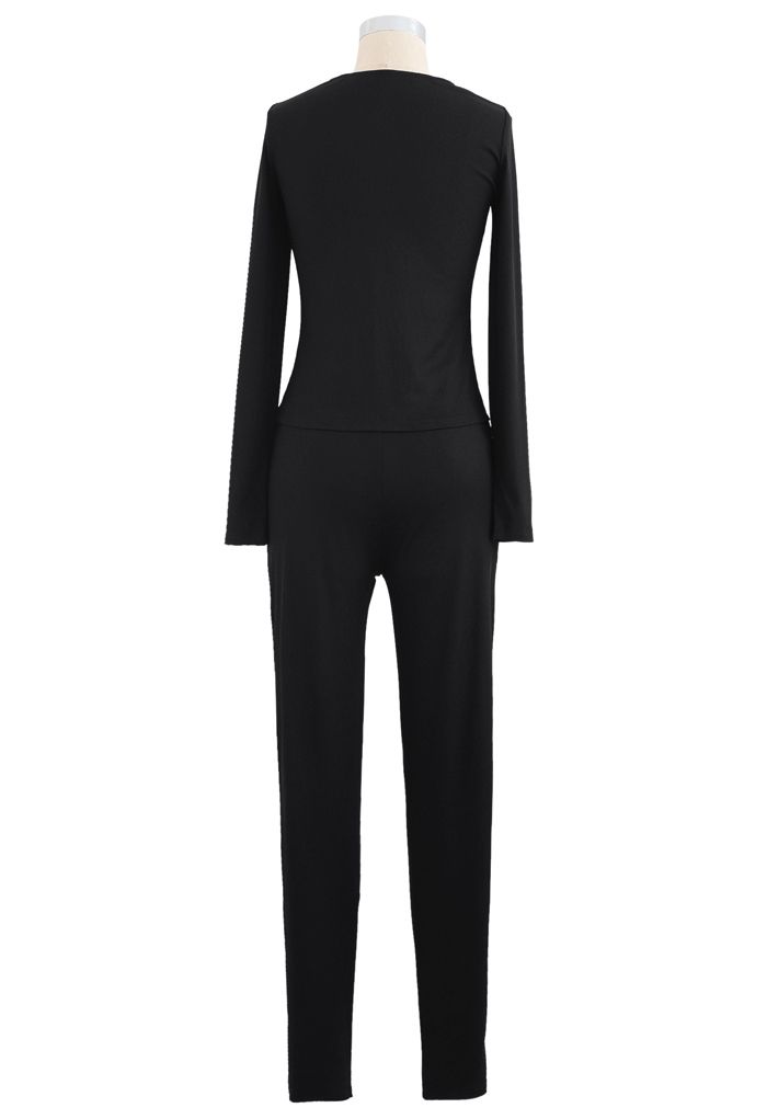 Fitted Zipper Front Top and Skinny Pants Set in Black