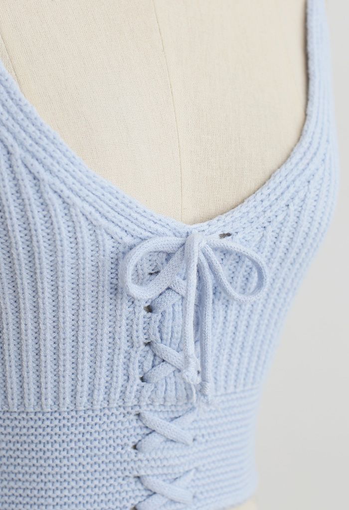 Lace-Up Crop Rib Knit Tank Top in Baby Blue