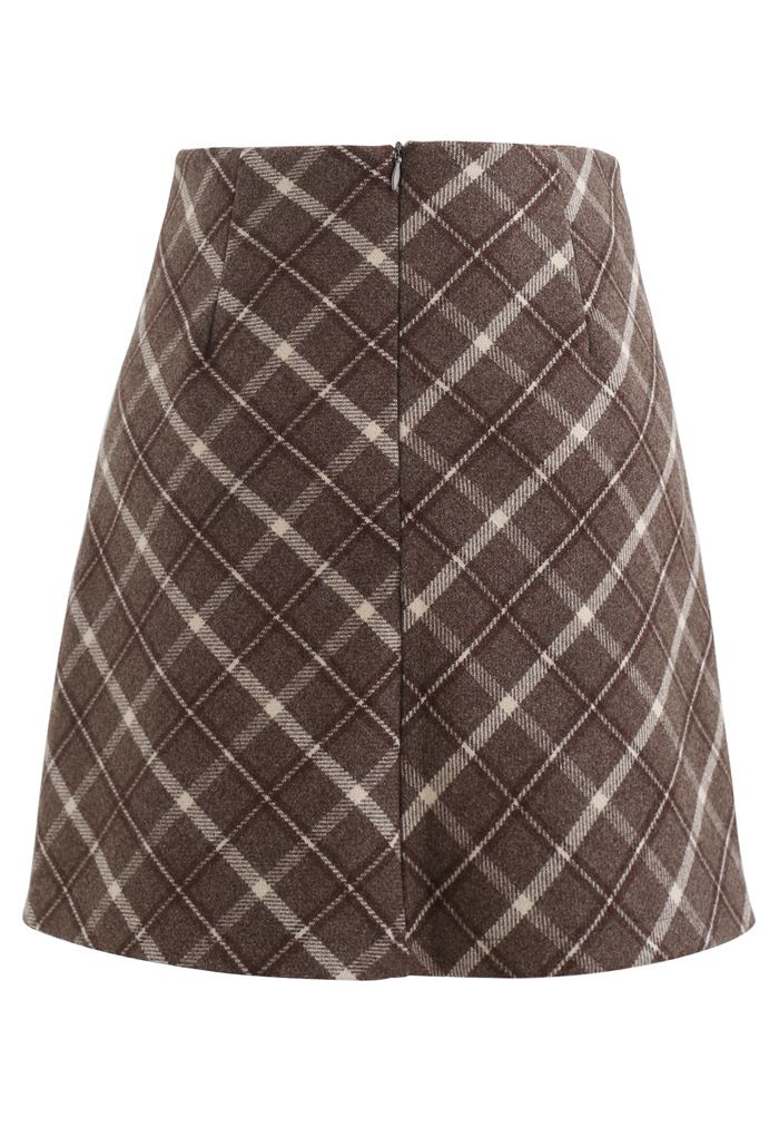 Stylish Plaid Wool-Blend Mini Skirt in Brown - Retro, Indie and Unique ...