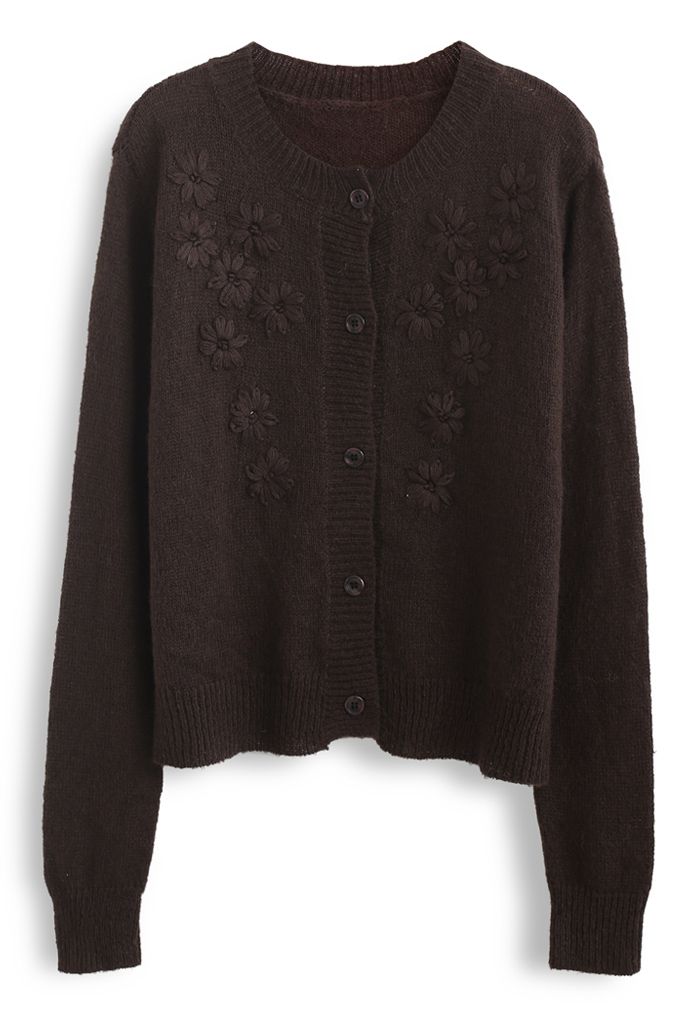 Delicate Stitch Flower Knit Cardigan in Brown