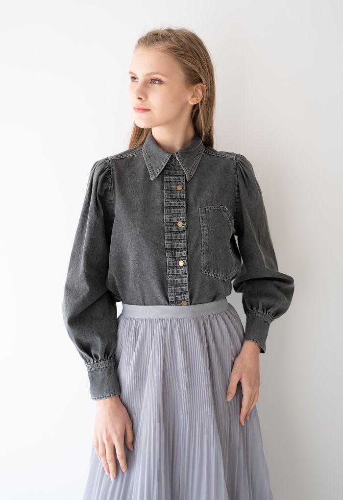 Pleated Front Buttoned Denim Shirt in Smoke