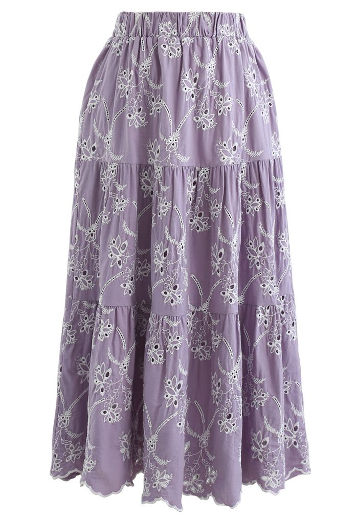 Embroidered Flowers Midi Skirt in Lilac - Retro, Indie and Unique Fashion