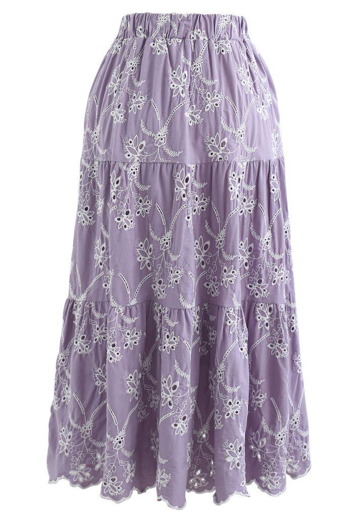 Embroidered Flowers Midi Skirt in Lilac - Retro, Indie and Unique Fashion