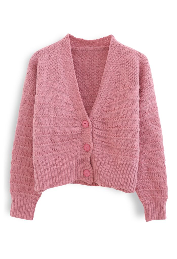 V-Neck Button Down Fuzzy Knit Cardigan in Pink - Retro, Indie and ...