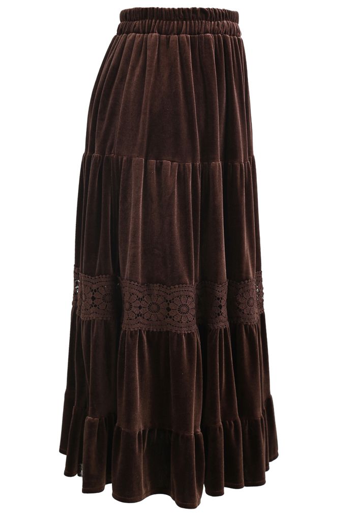 Velvet Crochet Spliced Pleated Skirt in Brown - Retro, Indie and Unique ...