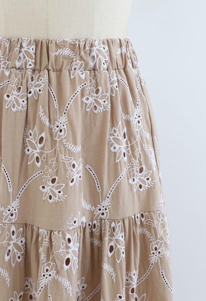Embroidered Flowers Midi Skirt in Tan