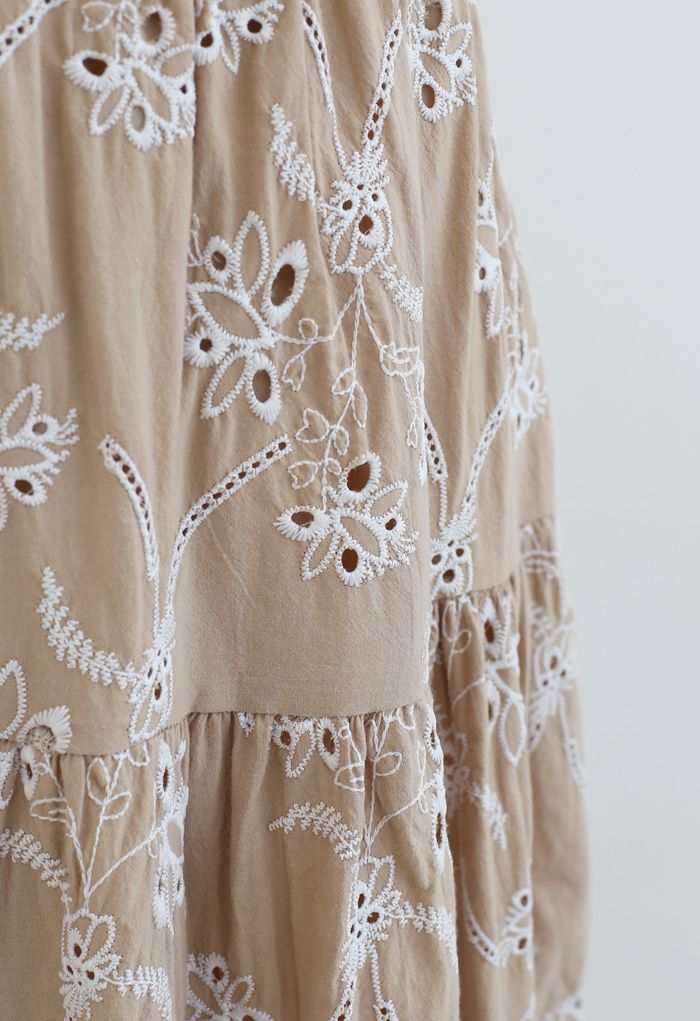 Embroidered Flowers Midi Skirt in Tan