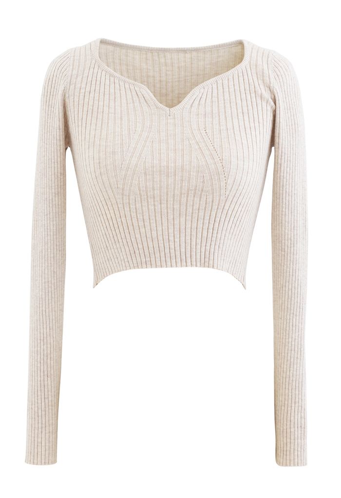 Square Neck Crop Fitted Rib Knit Top in Sand - Retro, Indie and Unique ...