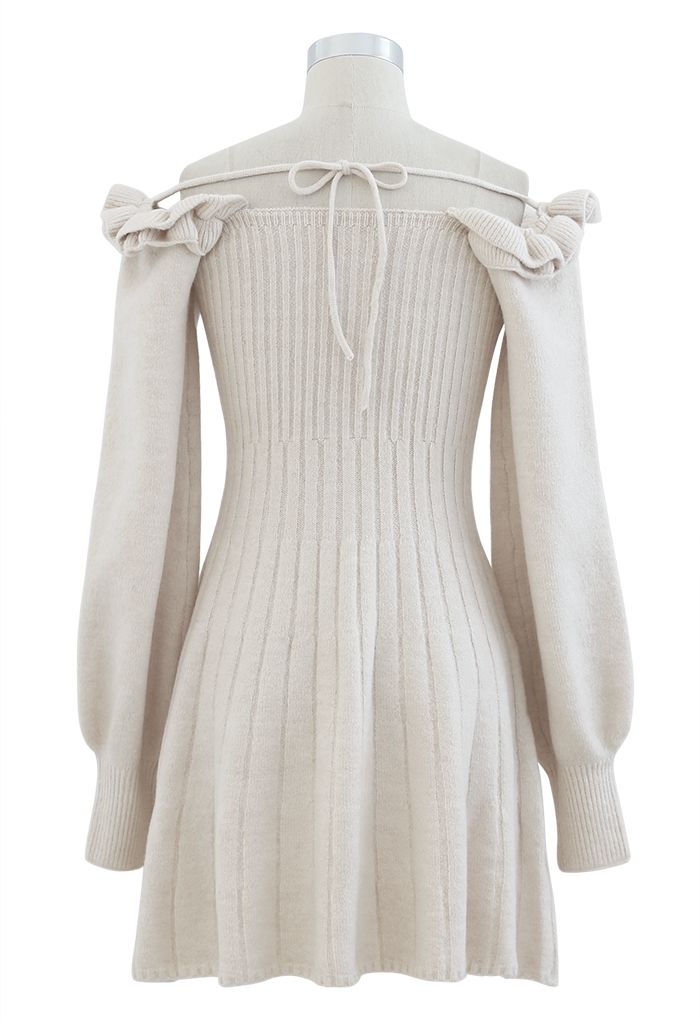Ruffle Square Neck Knit Midi Dress in Cream