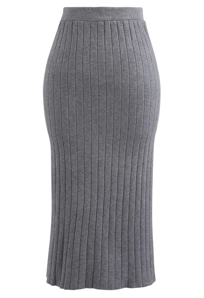 Ribbed Knit Split Back Pencil Skirt in Grey - Retro, Indie and Unique ...
