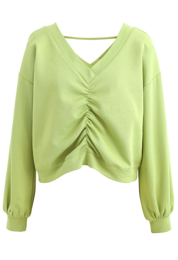 Drawstring V-Neck Long Sleeves Top in Lime