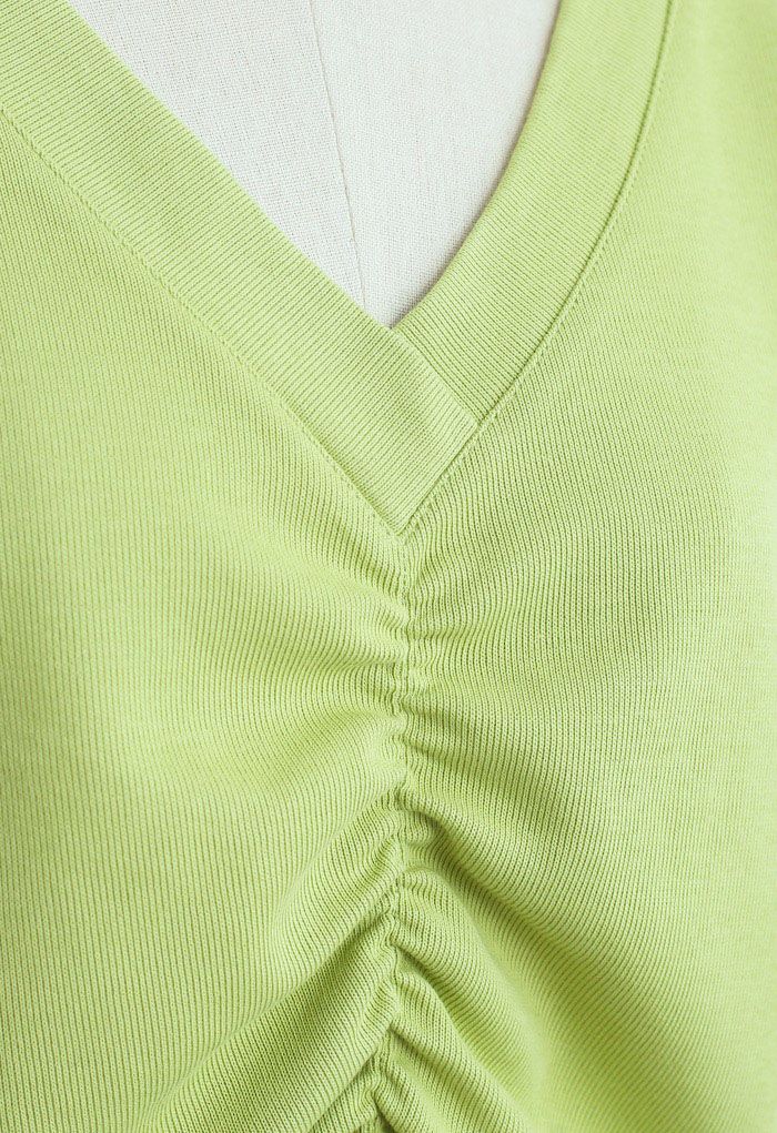 Drawstring V-Neck Long Sleeves Top in Lime
