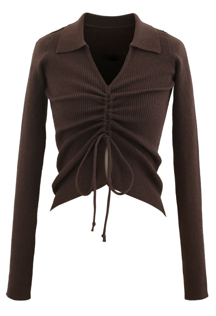 Drawstring Collared Fitted Knit Top in Brown - Retro, Indie and Unique ...