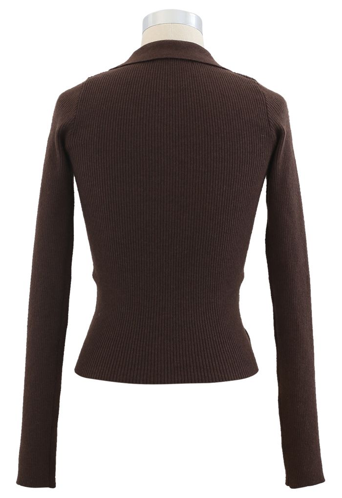 Drawstring Collared Fitted Knit Top in Brown - Retro, Indie and Unique ...