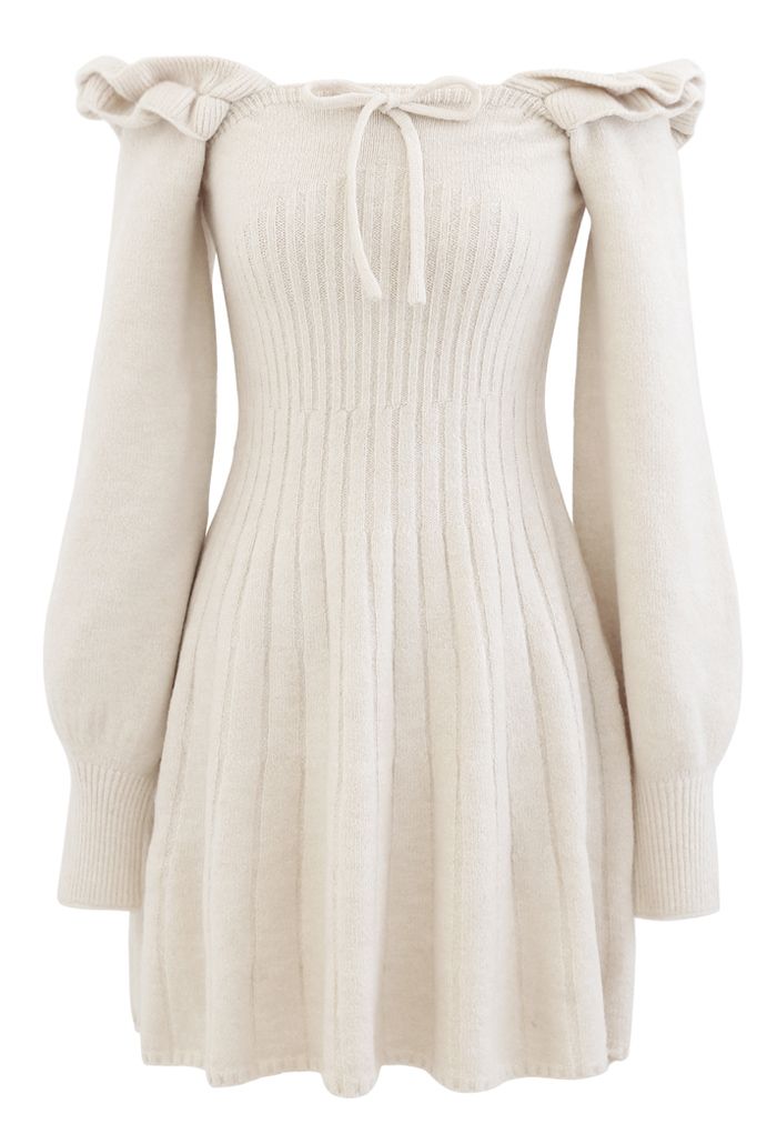 Ruffle Square Neck Knit Midi Dress in Cream