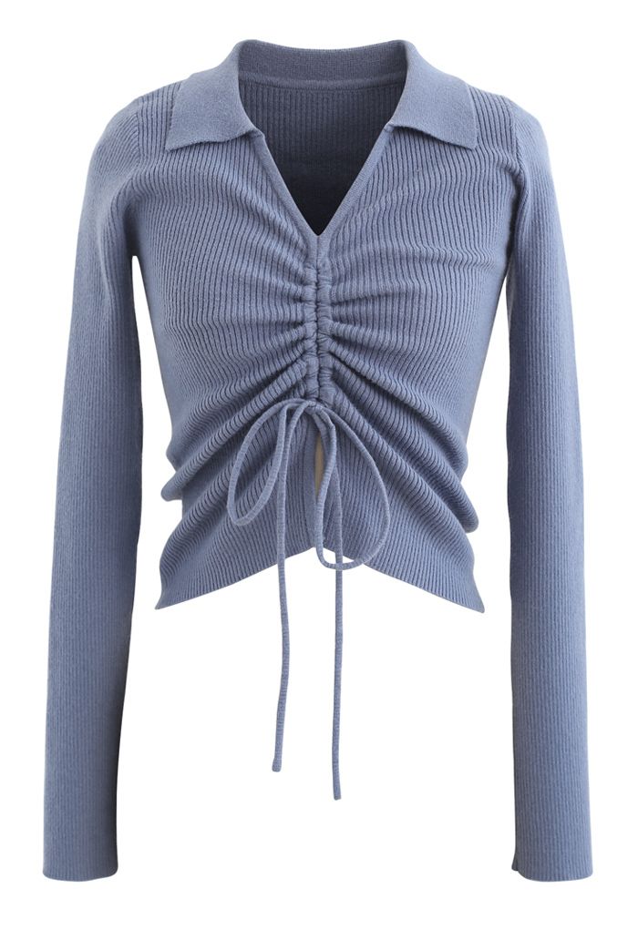 Drawstring Collared Fitted Knit Top in Blue