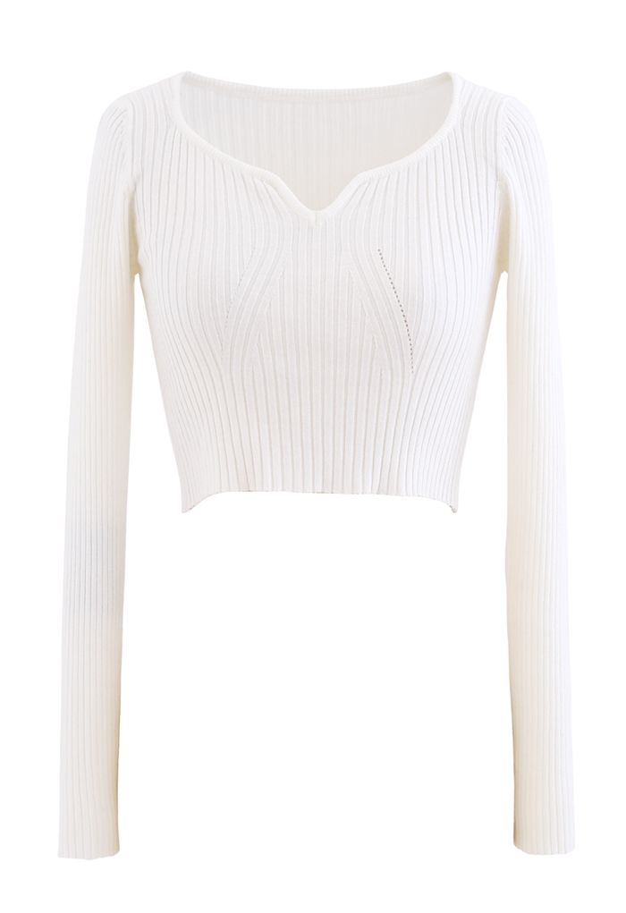 Square Neck Crop Fitted Rib Knit Top in White