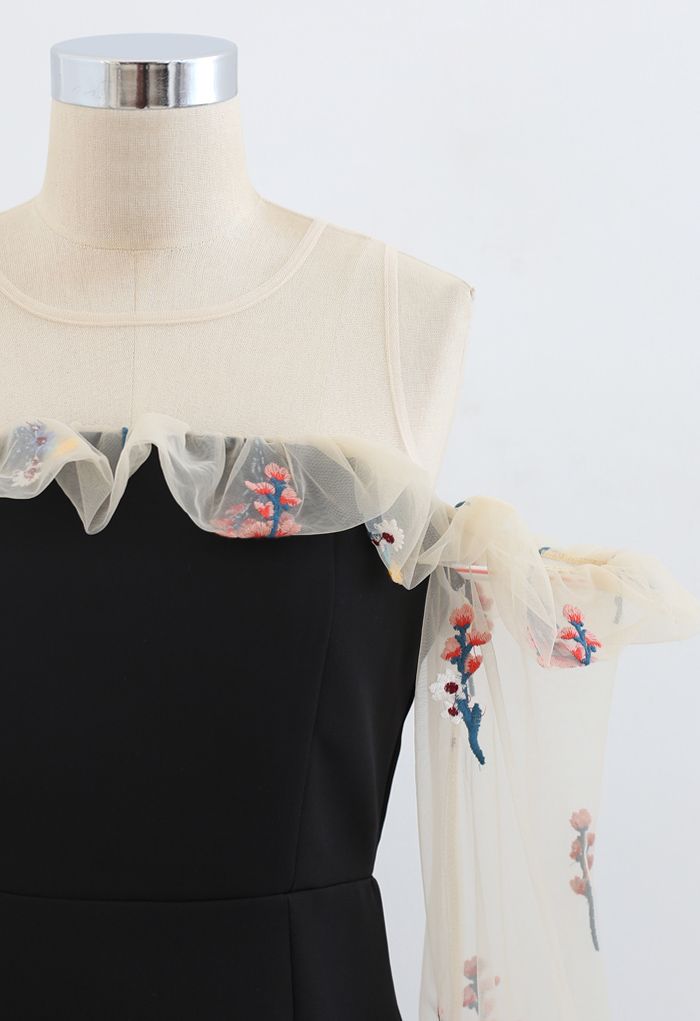 Cold-Shoulder Embroidered Posy Mesh Spliced Dress