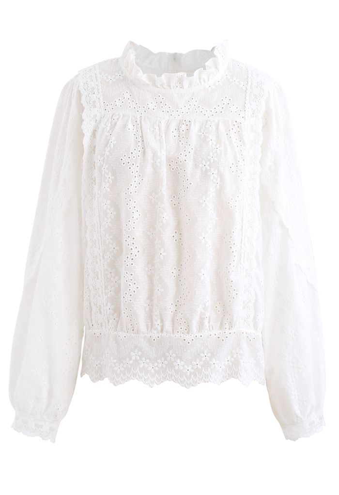 High Neck Eyelet Embroidered Floret Top in White - Retro, Indie and ...