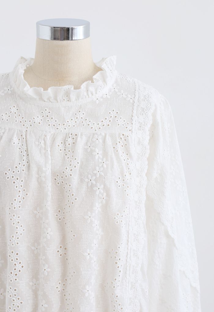 High Neck Eyelet Embroidered Floret Top in White - Retro, Indie and ...