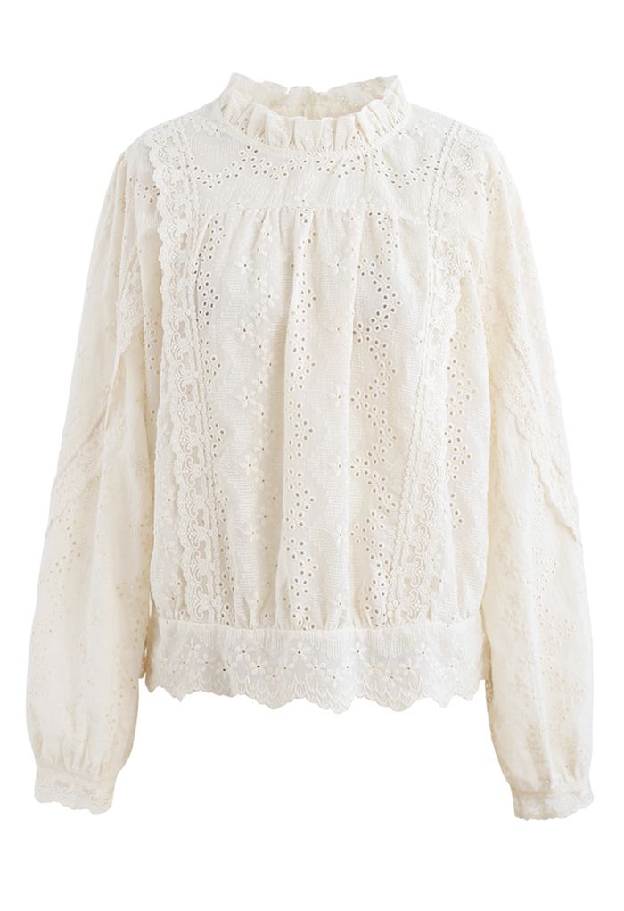 High Neck Eyelet Embroidered Floret Top in Cream - Retro, Indie and ...