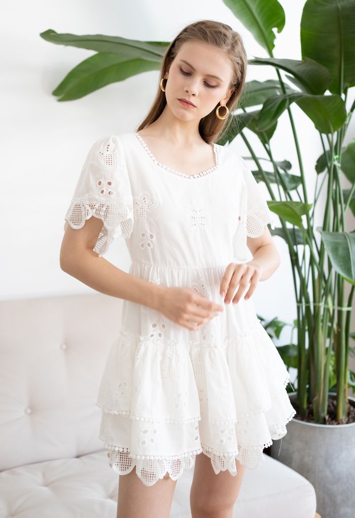 Sweetheart Neck Embroidered Eyelet Cotton Dress - Retro, Indie and ...
