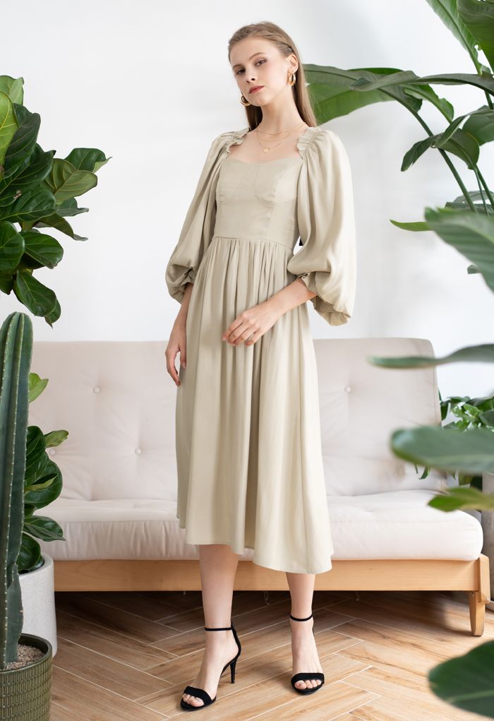 Dramatic Puff Sleeve Shirred Dress in Camel - Retro, Indie and Unique ...