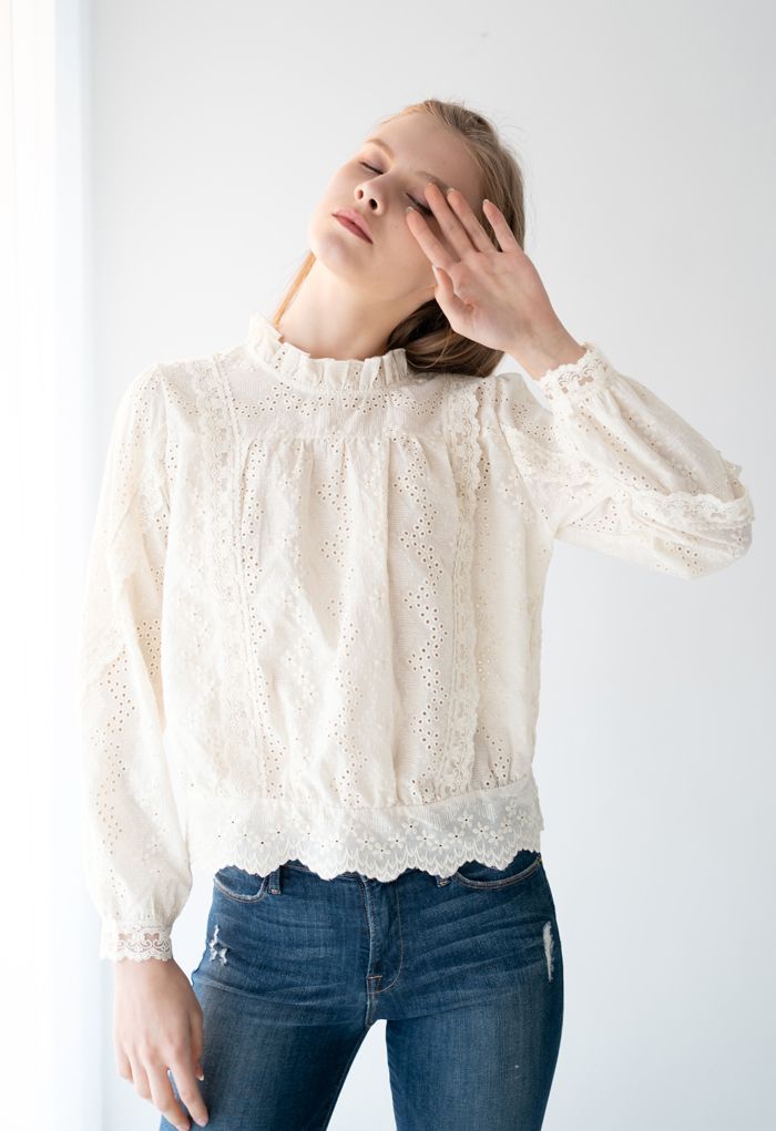 High Neck Eyelet Embroidered Floret Top in Cream - Retro, Indie and ...