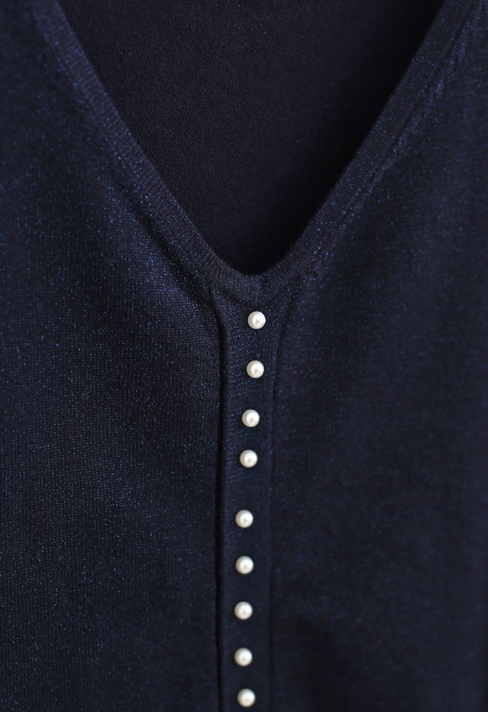 Pearl Trim Shimmer Knit Top in Navy - Retro, Indie and Unique Fashion