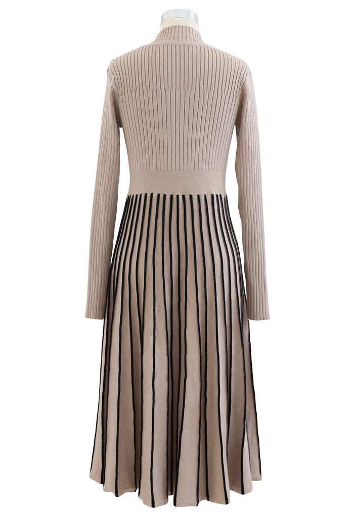 Contrast Lines Fitted Rib Knit Midi Dress in Tan - Retro, Indie and ...