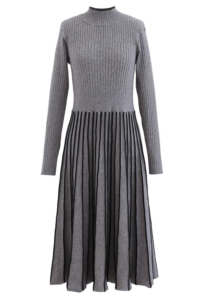 Contrast Lines Fitted Rib Knit Midi Dress in Grey