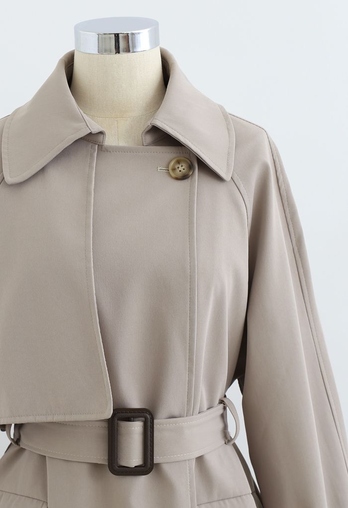 Flap Pockets Double-Breasted Belted Trench Coat in Sand