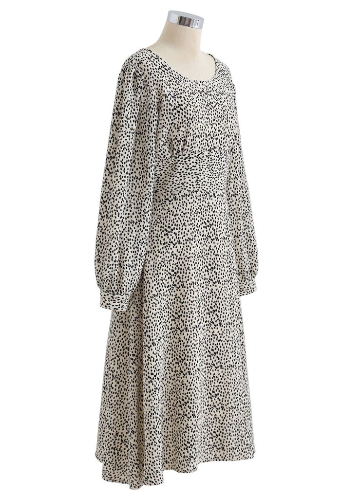 Dots Print Scoop Neck Sleeves Midi Dress in Ivory