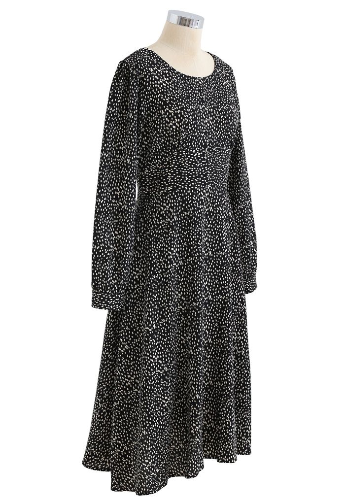 Dots Print Scoop Neck Sleeves Midi Dress in Black