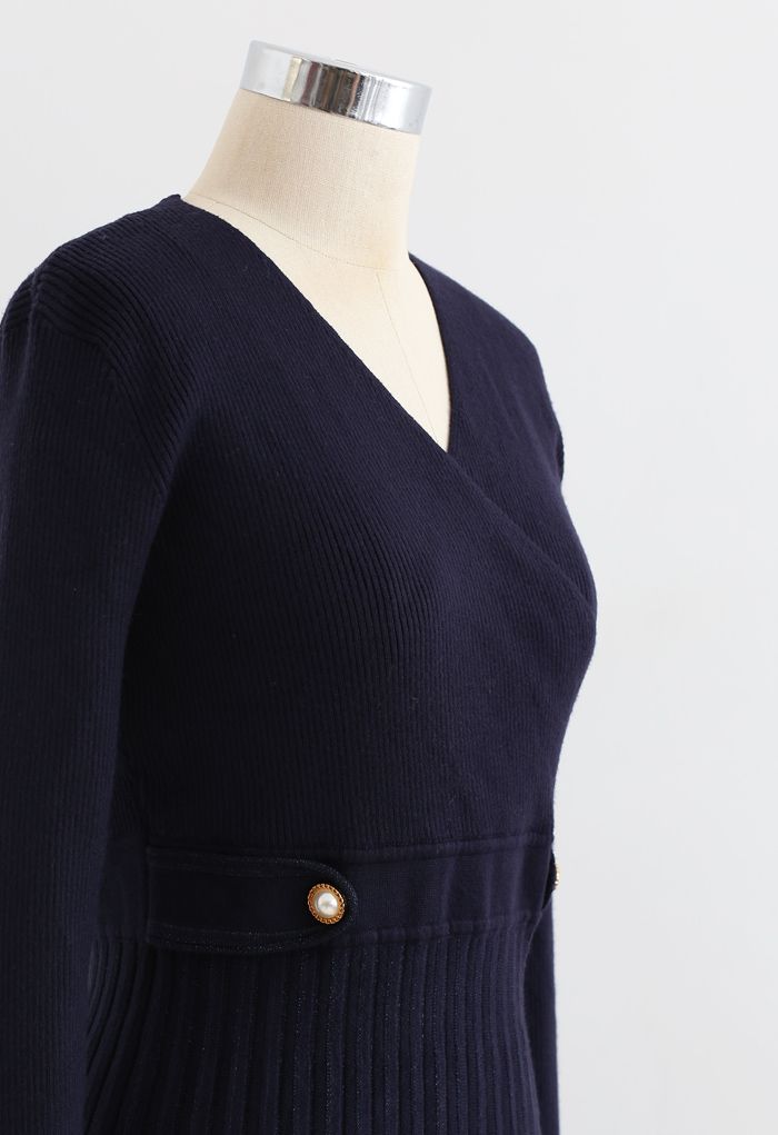 Button Embellished Wrap Pleated Knit Dress in Navy